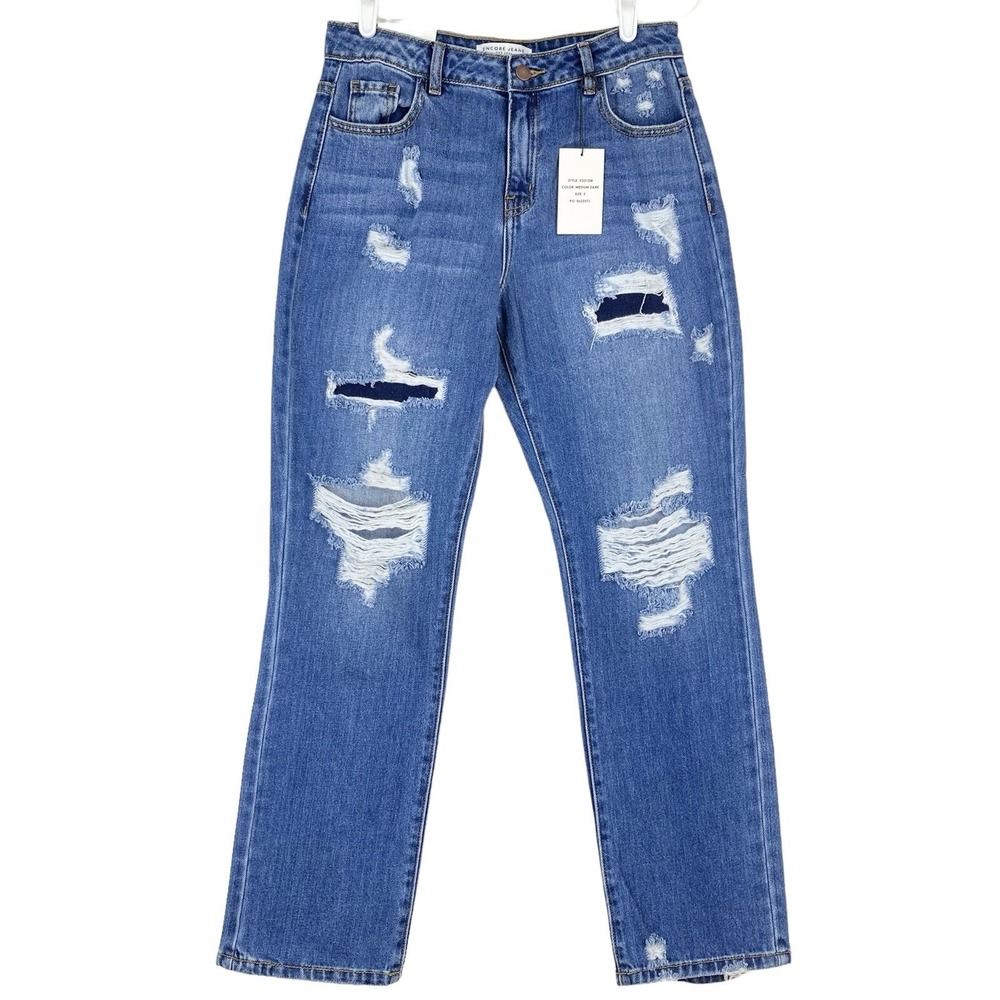 NWT Encore Jeans Women Street Style Destroyed High Rise Straight Blue Jeans Sz 5